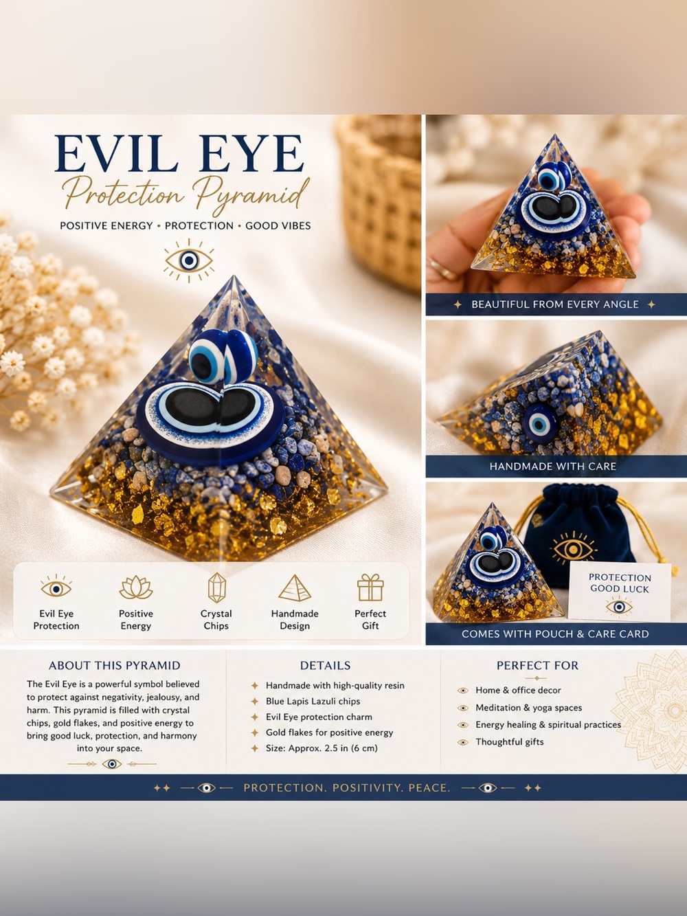 Evil Eye Protection Pyramid - Blue Lapis & Gold